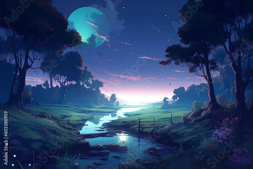 夜空の星と月と小川の田舎風景