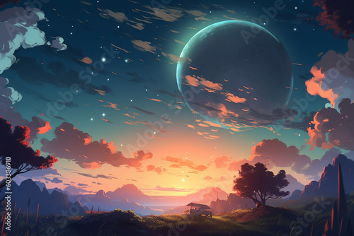 夏の夜空と田舎の草原-アニメ背景