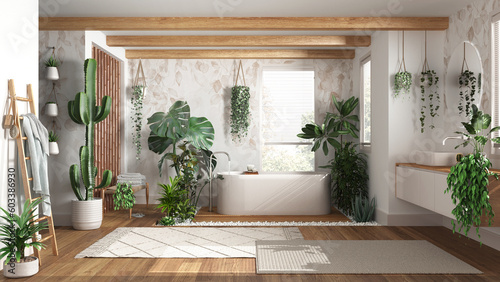 Urban jungle interior design  wooden bathroom in white and beige tones with many houseplants. Freestanding bathtub and washbasin. Biophilic concept idea