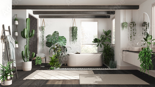 Urban jungle interior design  dark wooden bathroom in white and beige tones with many houseplants. Freestanding bathtub and washbasin. Biophilic concept idea
