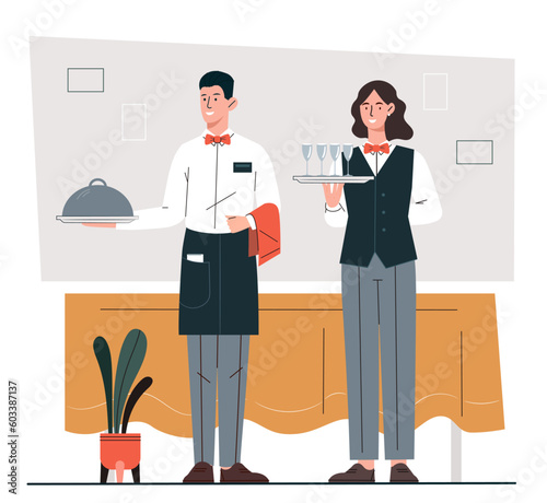 Concept of waiters. Man and woman in uniform stand with trays in hands. Service staff in cafe or restaurant, catering. People with food and drinks. Cartoon flat vector illustration
