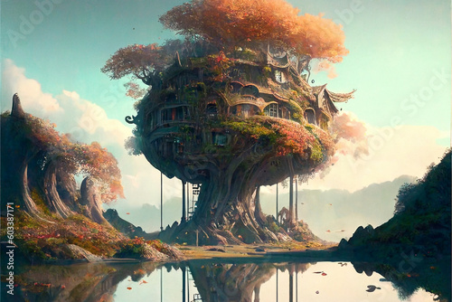 Wonderful fantasy buildings, amazing architecture, modern fantasyland, structurated home creating, sci-fi, fantasy, filmgraphic, antic-modern style, AI Generative photo