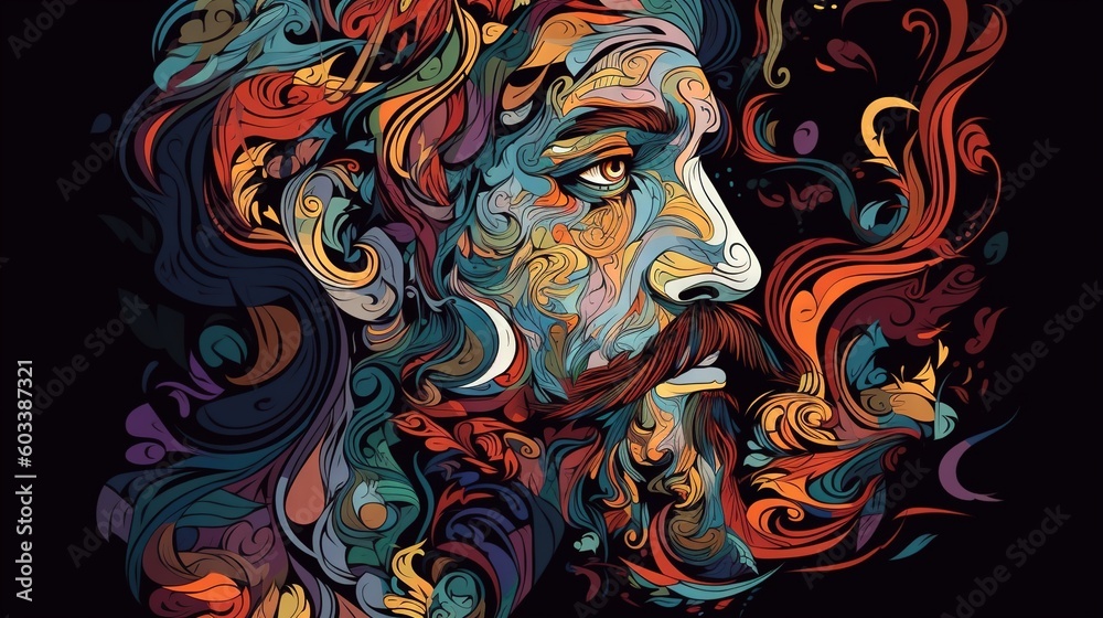  a man with long hair and a beard with colorful swirls.  generative ai