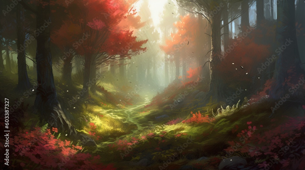  a painting of a path in a forest with red leaves.  generative ai