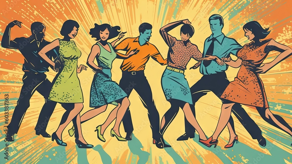  a group of people dancing together in a retro pop art style.  generative ai