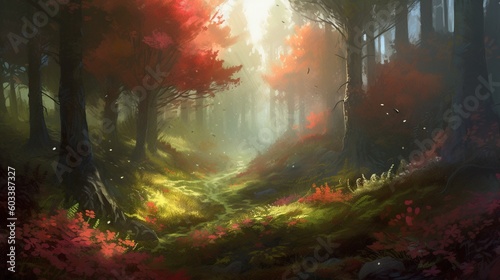  a painting of a path in a forest with red leaves. generative ai