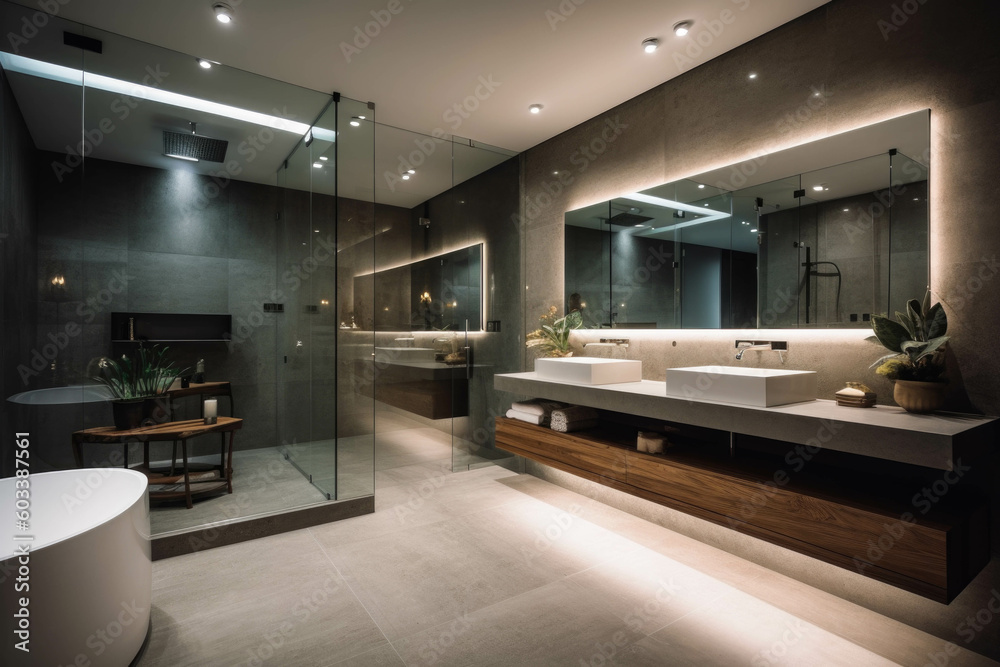 A sleek and modern bathroom with a floating vanity, a glass-enclosed shower, and ambient lighting for a contemporary and spa-like experience. Generative AI A sleek and modern bathroom with a floating vanity, a glass-enclosed shower, and ambient lighting for a contemporary and spa-like experience. Generative AI