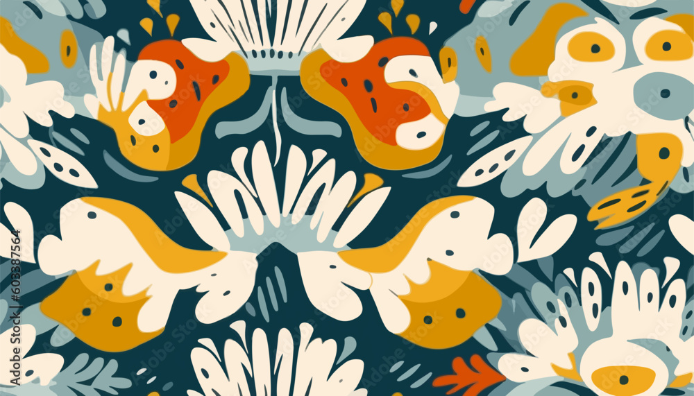 Modern ethnic floral ornamental pattern. Hand drawn abstract organic shapes print. Collage contemporary design