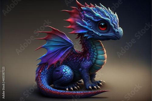 Wonderful dragon of fantasy  blue and purple colours  lord of imagination  meaningful eyes  unique visuality  main character  horizontal  AI generative