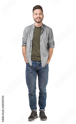 Cheerful businessman standing confident isolated in transparent PNG, Full length studio portrait of smiling young man