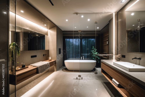 A sleek and modern bathroom with a floating vanity  a glass-enclosed shower  and ambient lighting for a contemporary and spa-like experience. Generative AI