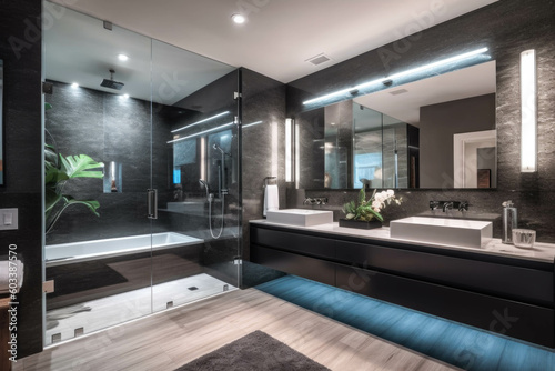 A sleek and modern bathroom with a floating vanity, a glass-enclosed shower, and ambient lighting for a contemporary and spa-like experience. Generative AI