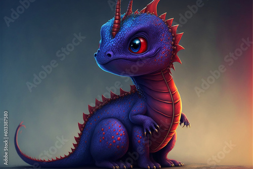 Wonderful dragon of fantasy, blue and purple colours, lord of imagination, meaningful eyes, unique visuality, main character, horizontal, AI generative