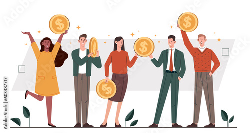 People with money. Men and women stand with gold coins in hands. Team of successful and wealthy investors or entrepreneurs. Rich guys and girls with cash. Cartoon flat vector illustration