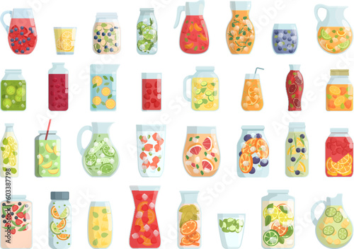 Fruit water icons set cartoon vector. Soda menu. Straw lemon