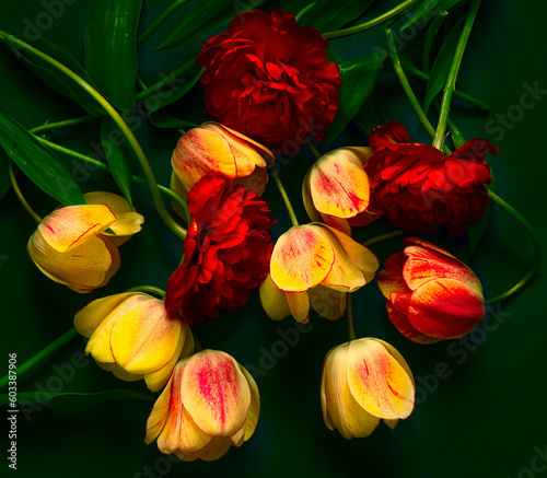 Creative layout of flowers on a green background. Flat lay. Nature concept. Floral Greeting card. Colorful spring flower background, space for text. Nature Trendy Decorative Design.spring mood concept