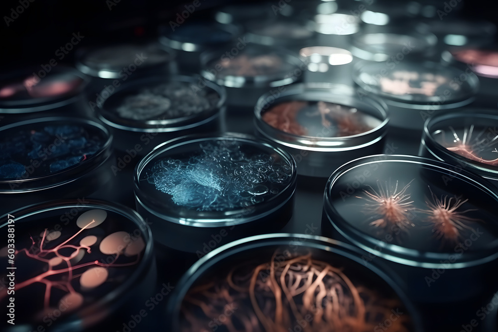 Laboritory Image Pathogen Generative AI illustration of bacterial and viral pathogens in various ...