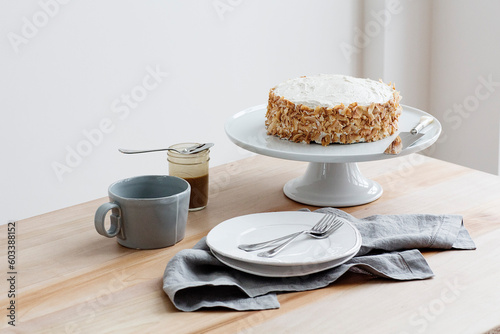 Cake with vanilla icing and coconut 