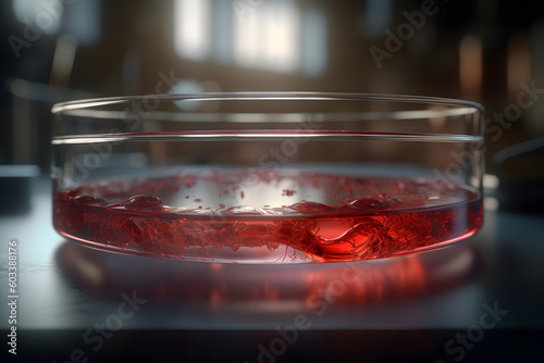 Generative AI illustration closeup of transparent petri dish with red blood vascular cells in laboratory on table photo