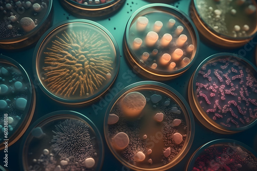 Generative AI illustration of bacterial and viral pathogens in various petri dishes in laboratory
