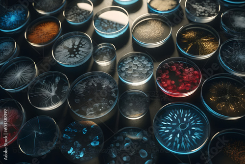 Generative AI illustration of bacterial and viral pathogens in various petri dishes in laboratory