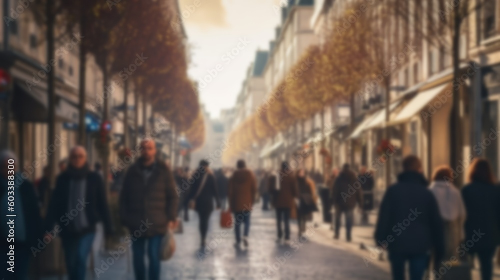 Blurred Crowded Street of Paris, perfect for background or presentation. City architecture image, blur. Generative AI illustration.