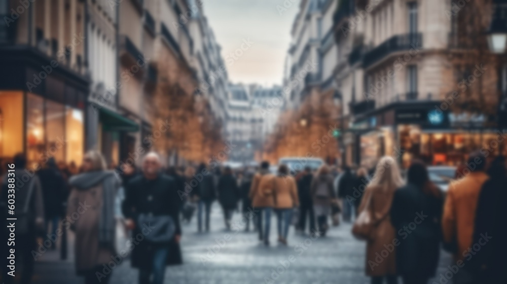 Blurred Crowded Street of Paris, perfect for background or presentation. City architecture image, blur. Generative AI illustration.