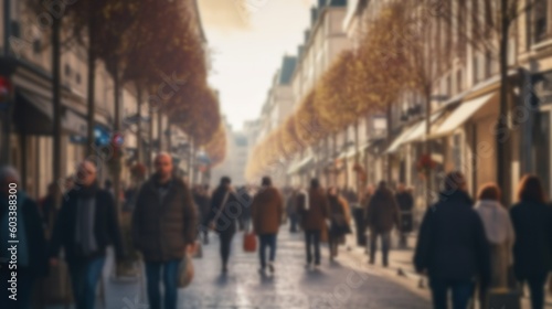 Fototapeta Naklejka Na Ścianę i Meble -  Blurred Crowded Street of Paris, perfect for background or presentation. City architecture image, blur. Generative AI illustration.