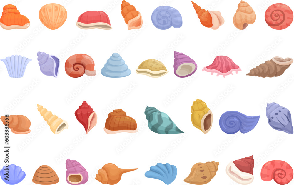 Ocean shell icons set cartoon vector. Pearl seashell. Open water