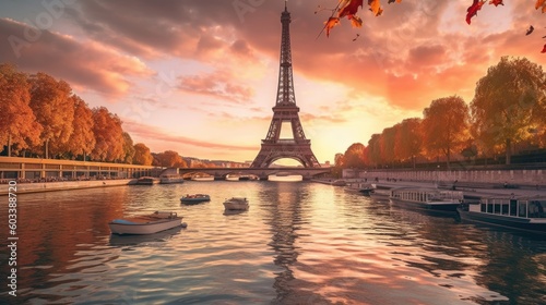Paris Eiffel Tower and river Seine at sunset in Paris, France. Eiffel Tower is one of the most iconic landmarks of Paris., Generative AI