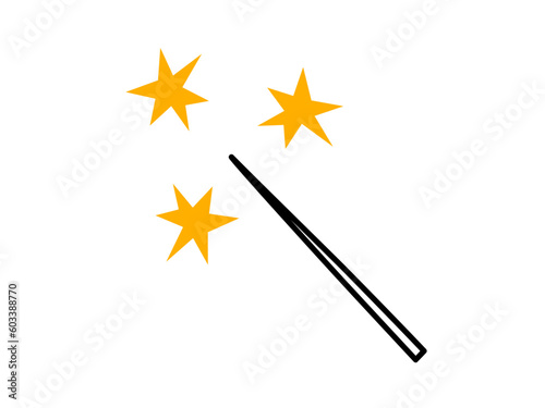 Hand drawn cute cartoon illustration of magic wand with abstract stars. Flat vector witchcraft concept in doodle style. Сasting a spell sticker, icon. Isolated on white background.