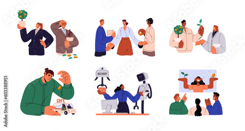 Business, investment and trade processes set. Commerce, entrepreneurship concept. Businessmen, financial coaches, agents, brokers, entrepreneurs. Flat vector illustrations isolated on white background
