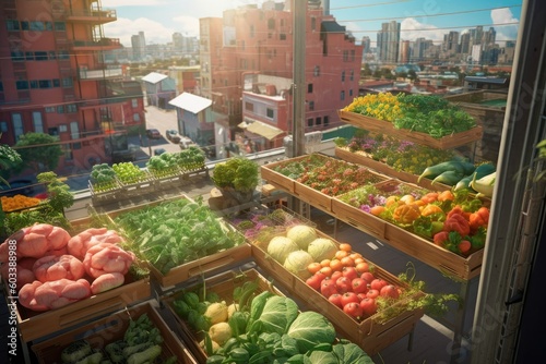 Showcase the vibrant and fresh produce from an urban farm, highlighting the abundance of colorful fruits, vegetables, and herbs grown in a city setting