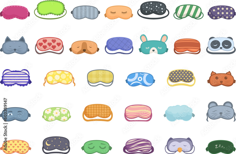 Mask for sleep icons set cartoon vector. Night travel. Sleep rest Mask for sleep icons set cartoon vector. Night travel. Sleep rest