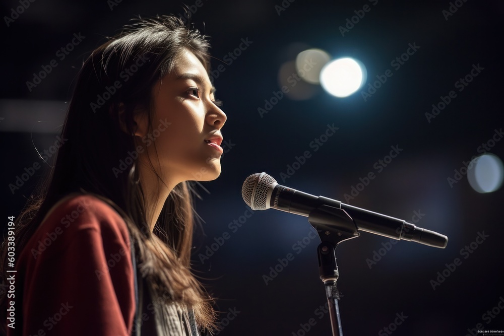 Young woman engaged in a heartfelt, first-time public speaking event, a candid coming of age moment filled with genuine emotion, graduation, event, generative ai - obrazy, fototapety, plakaty 
