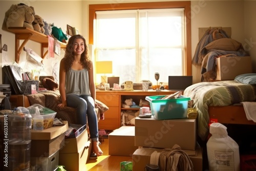 Female college freshman candidly unpacking, moving into her university dorm room, marking a significant coming of age moment, generative ai photo