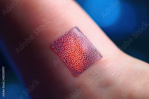 Nanotechnology in health sector depicted by a medical patch applied on skin, a symbol of approaching technological singularity, generative ai photo