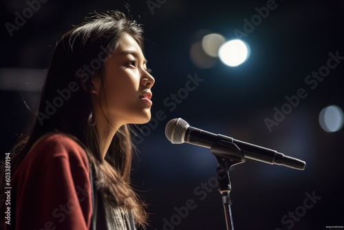 Fototapete Young woman engaged in a heartfelt, first-time public speaking event, a candid c