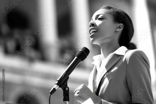 Young african american woman engaged in a heartfelt, first-time public speaking event, a candid coming of age moment filled with genuine emotion, graduation, event, generative ai photo