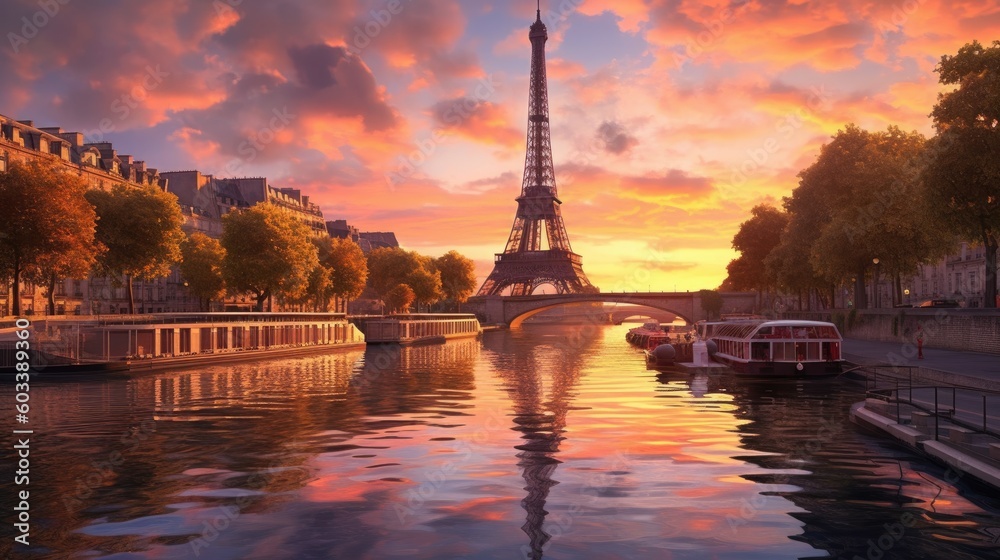 Obraz premium Paris Eiffel Tower and river Seine at sunset in Paris, France. Eiffel Tower is one of the most iconic landmarks of Paris., Generative AI