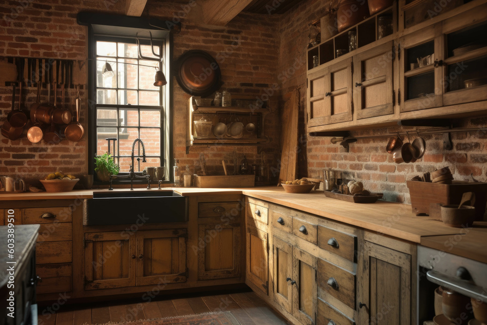 A rustic and cozy kitchen with exposed brick walls, farmhouse-style cabinets, and a large farmhouse sink for a warm and inviting atmosphere. Generative AI