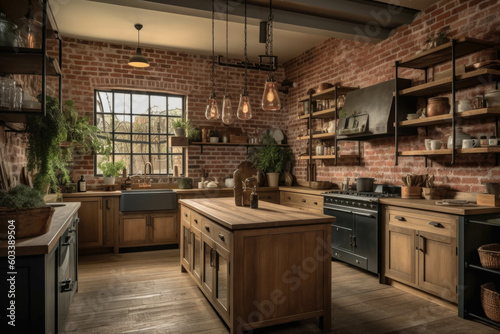 A rustic and cozy kitchen with exposed brick walls, farmhouse-style cabinets, and a large farmhouse sink for a warm and inviting atmosphere. Generative AI