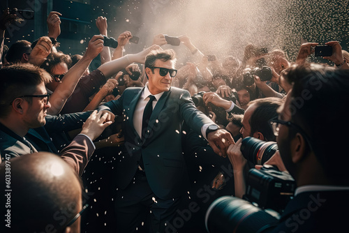 Displeased man in suit surrounded by paparazzi. Generative AI