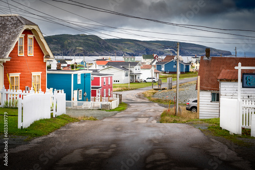 Fototapeta Naklejka Na Ścianę i Meble -  Small town Newfoundland street with colourful homes and vacation rental properties in Bonavista Canada along the Discovery Trail.