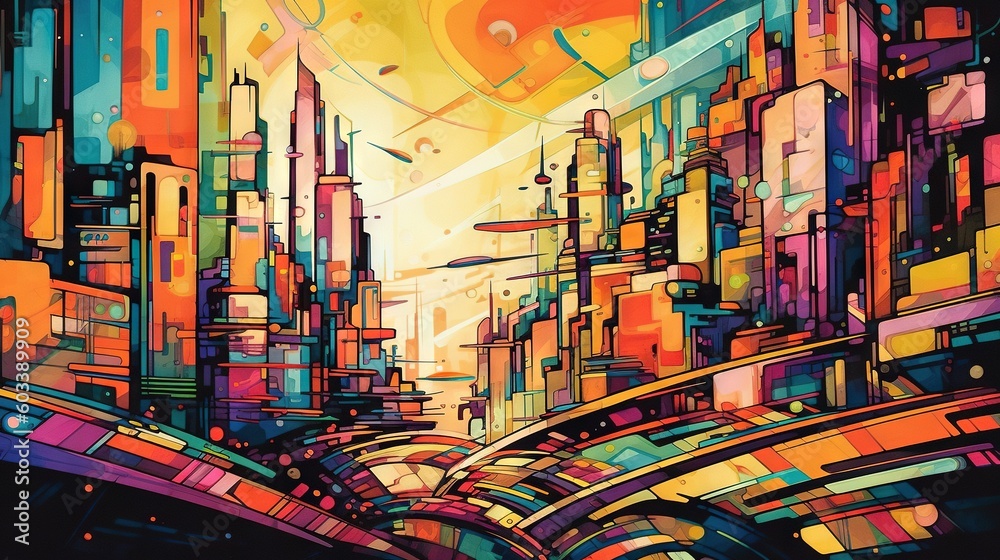 Naklejka premium a painting of a cityscape with a yellow sky. generative ai