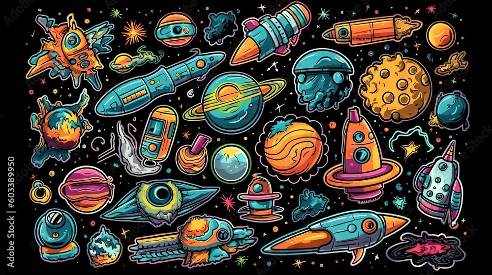  a bunch of cartoon space related items on a black background.  generative ai