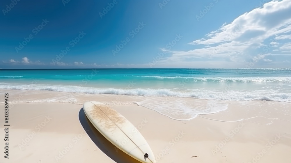 Surf board standing on tropical sandy beach near ocean. Generative ai Surf board standing on tropical sandy beach near ocean. Generative ai