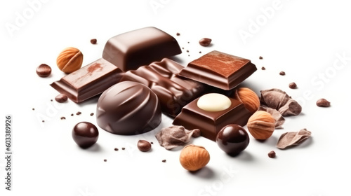 Candies from various types of chocolate, chocolate pieces, truffle lie in a heap, white background. Sweet chocolate dessert Generative AI