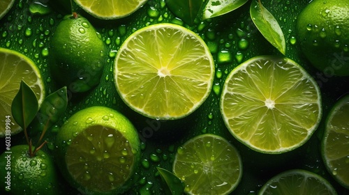  a group of limes with water drops on them and leaves. generative ai