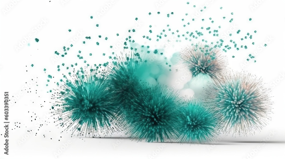  a group of green fireworks on a white background with bubbles.  generative ai